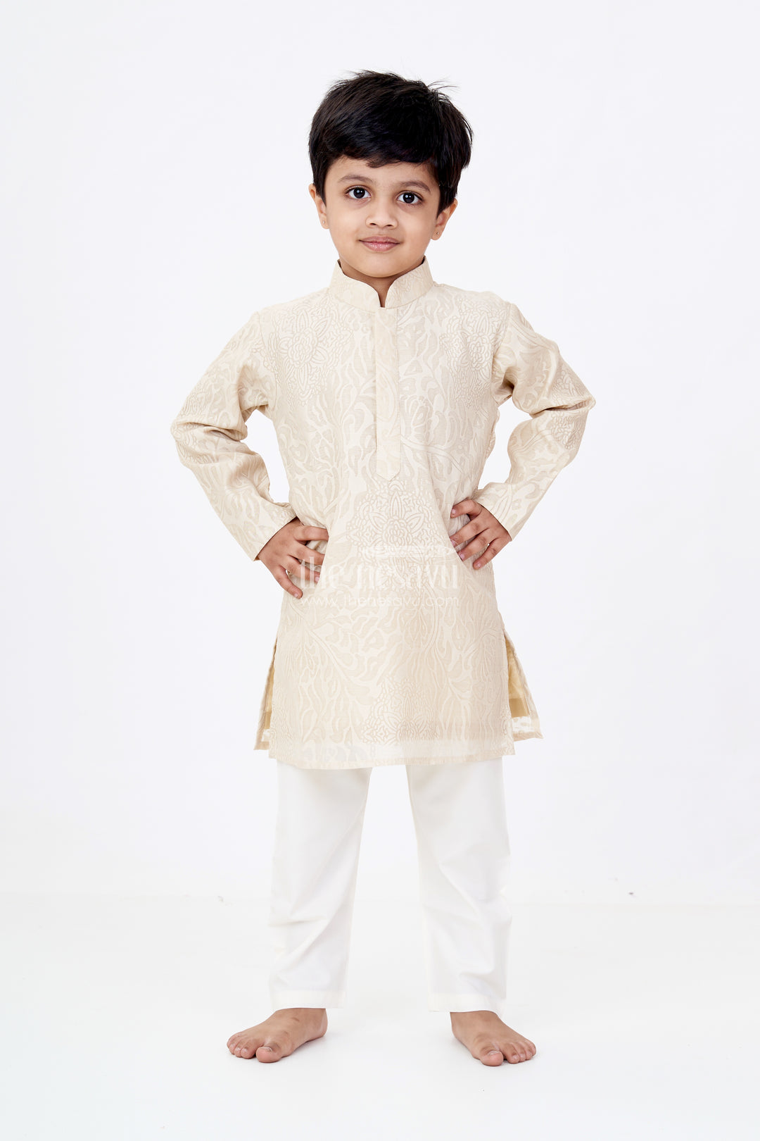 Boys Kurtas in Brazzo Blended Silk with Traditional Motif Design and White Pajama