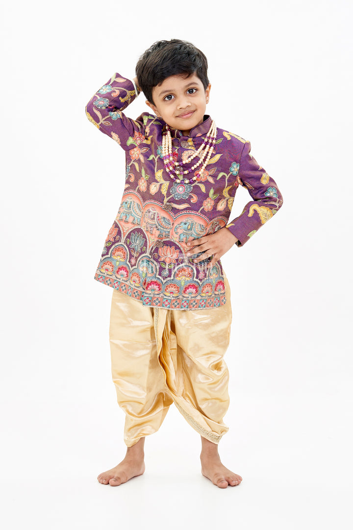 Stylish Kurta for Kids with Exquisite Embroidery and Golden Dhoti for Festive Wear