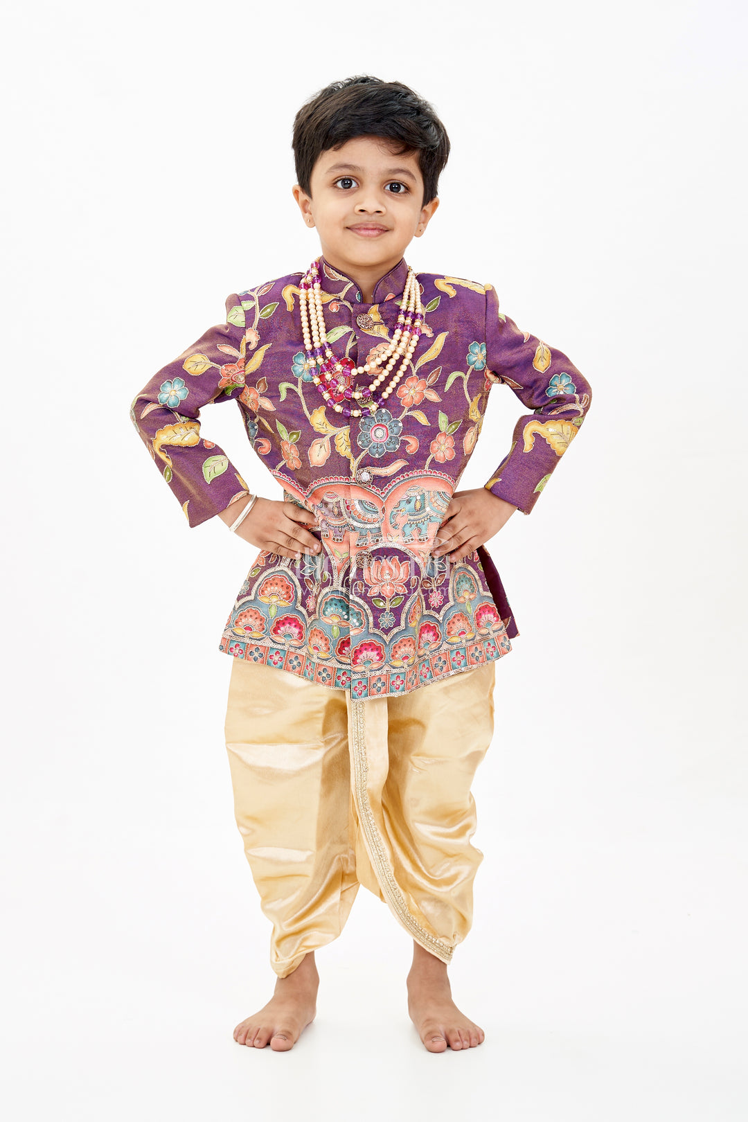 Stylish Kurta for Kids with Exquisite Embroidery and Golden Dhoti for Festive Wear