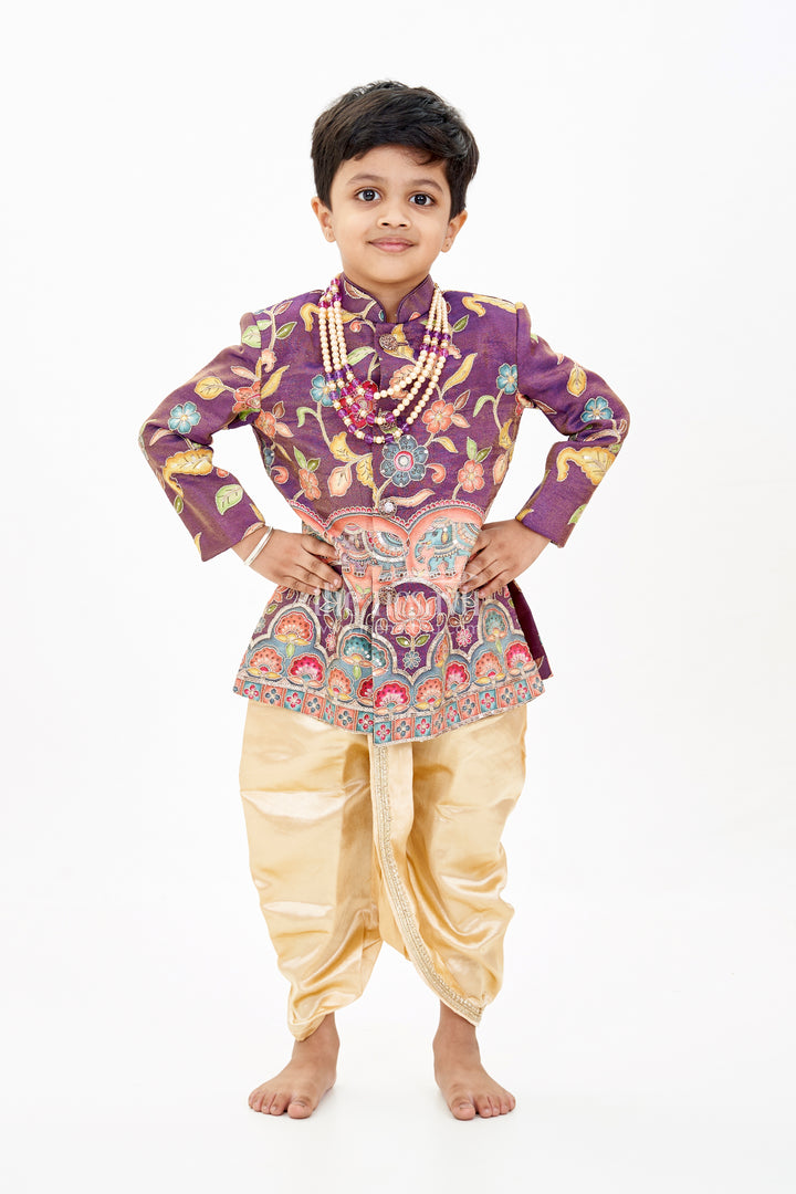 Stylish Kurta for Kids with Exquisite Embroidery and Golden Dhoti for Festive Wear