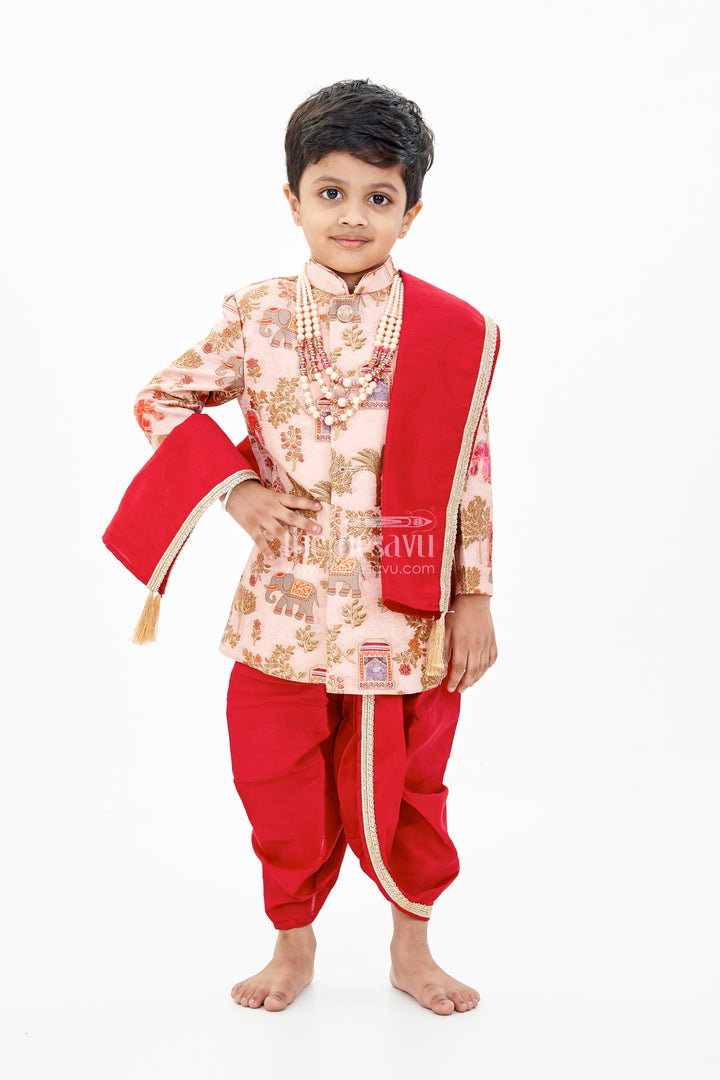 Latest Sherwani for Boys with Rich Heritage Print and Maroon Dhoti for Traditional Wear