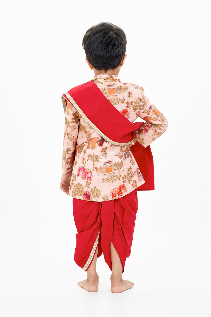 Latest Sherwani for Boys with Rich Heritage Print and Maroon Dhoti for Traditional Wear