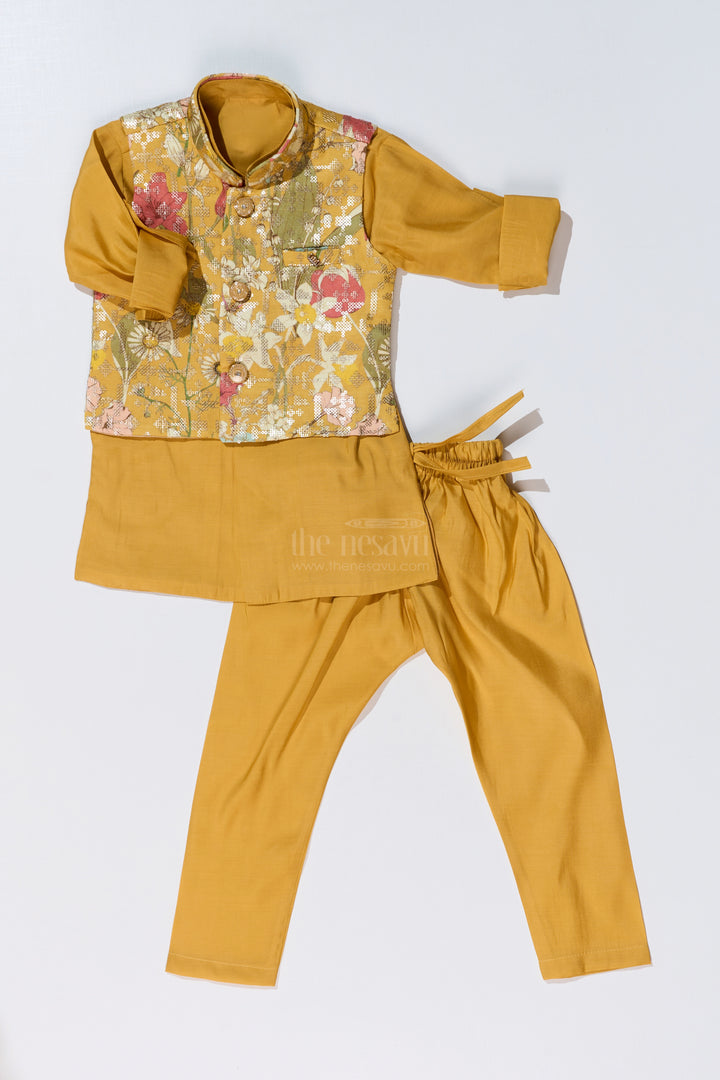 Mustard Yellow Kurta with Floral Printed Nehru Jacket and Matching Pants for Boys