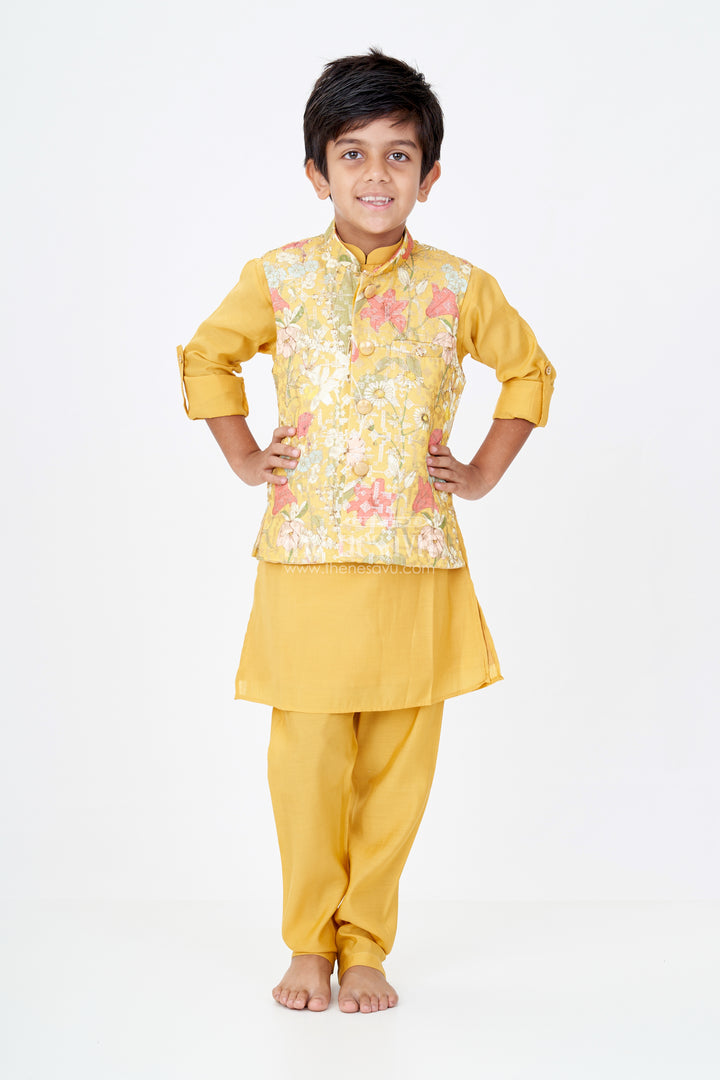 Mustard Yellow Kurta with Floral Printed Nehru Jacket and Matching Pants for Boys