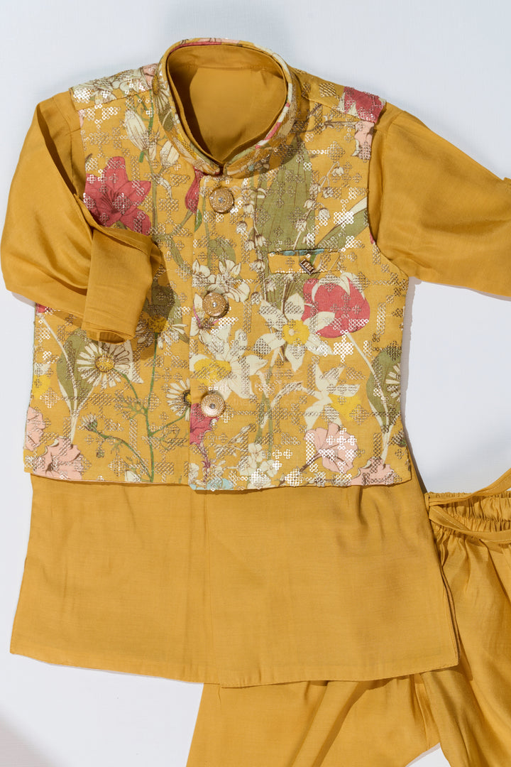 Mustard Yellow Kurta with Floral Printed Nehru Jacket and Matching Pants for Boys