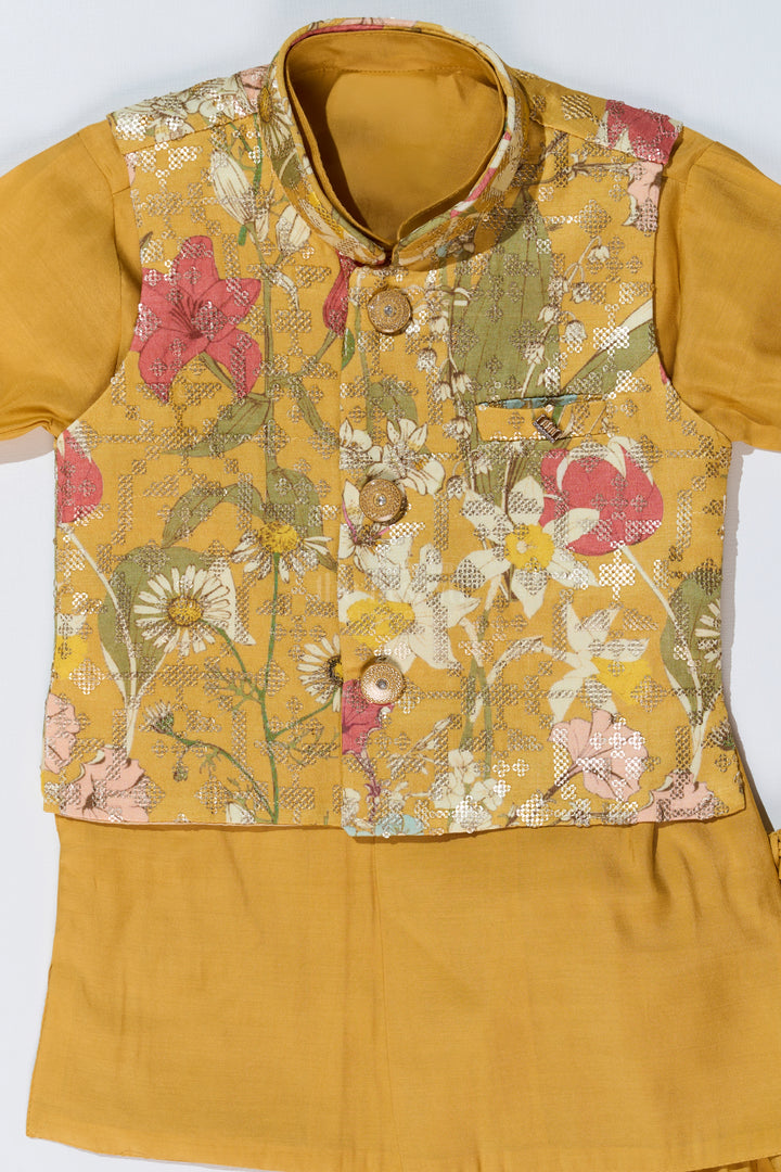 Mustard Yellow Kurta with Floral Printed Nehru Jacket and Matching Pants for Boys