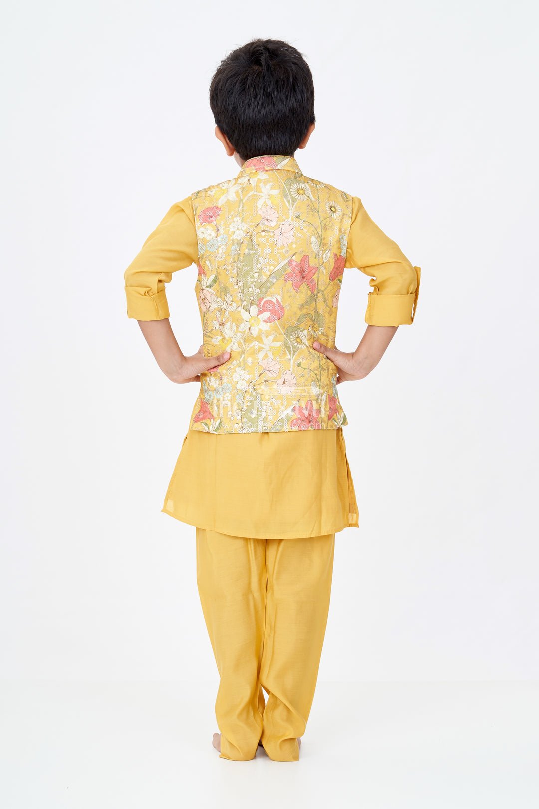 Mustard Yellow Kurta with Floral Printed Nehru Jacket and Matching Pants for Boys
