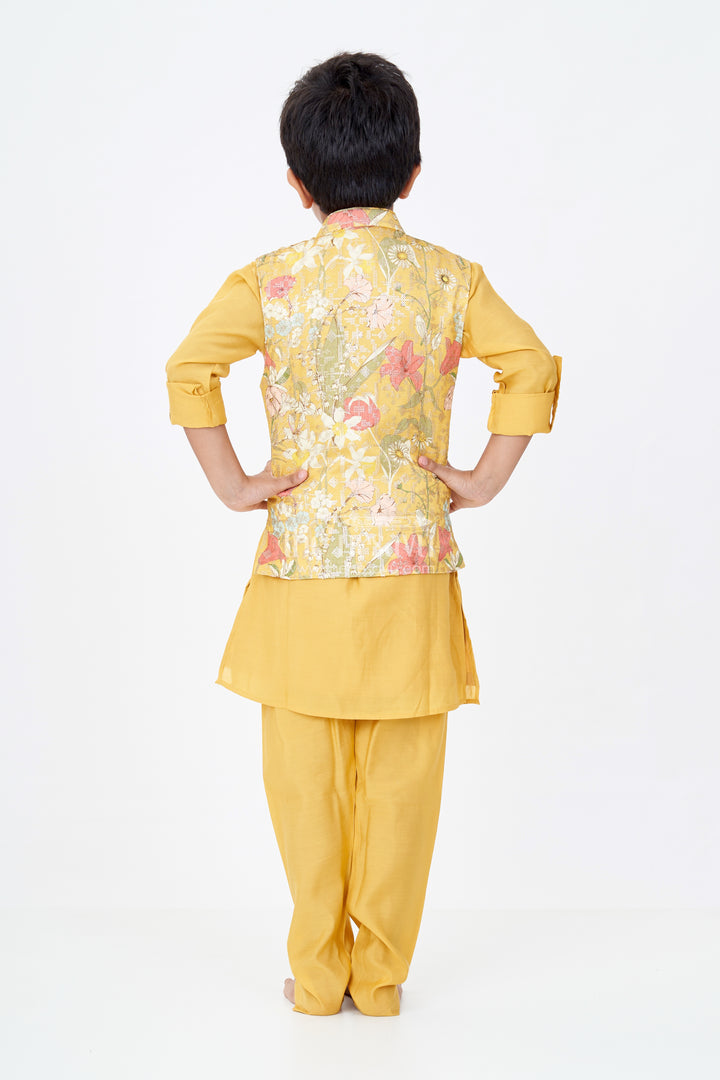 Mustard Yellow Kurta with Floral Printed Nehru Jacket and Matching Pants for Boys