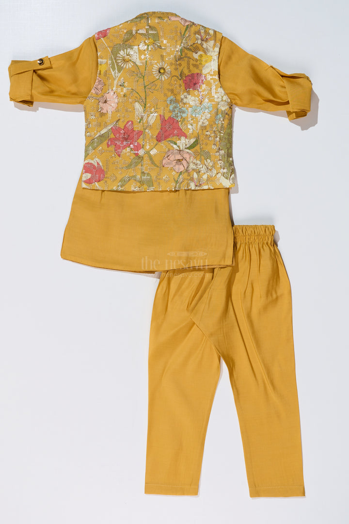 Mustard Yellow Kurta with Floral Printed Nehru Jacket and Matching Pants for Boys
