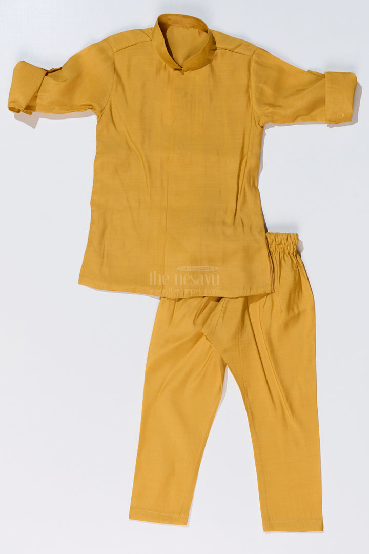 Mustard Yellow Kurta with Floral Printed Nehru Jacket and Matching Pants for Boys