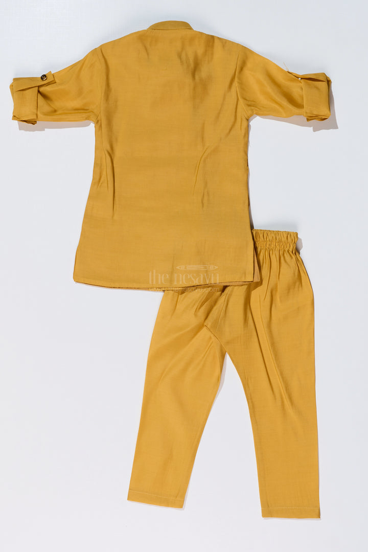 Mustard Yellow Kurta with Floral Printed Nehru Jacket and Matching Pants for Boys