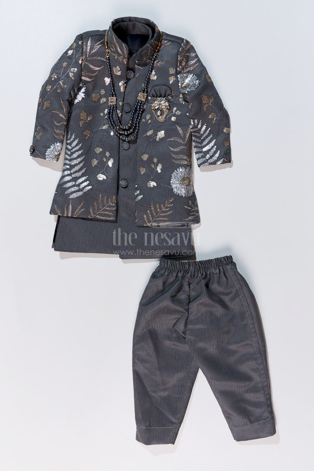 Boys Sherwani with Long Jacket in Silk Blend with Designer Embroidery and Elegant Detailing