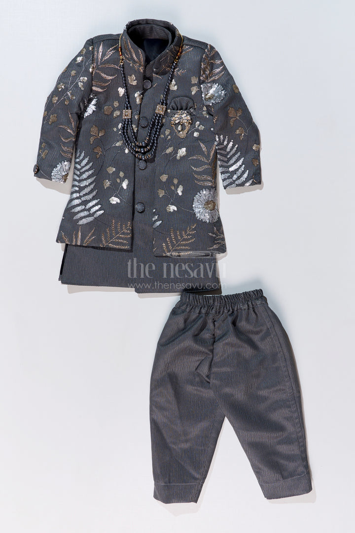 Boys Sherwani with Long Jacket in Silk Blend with Designer Embroidery and Elegant Detailing