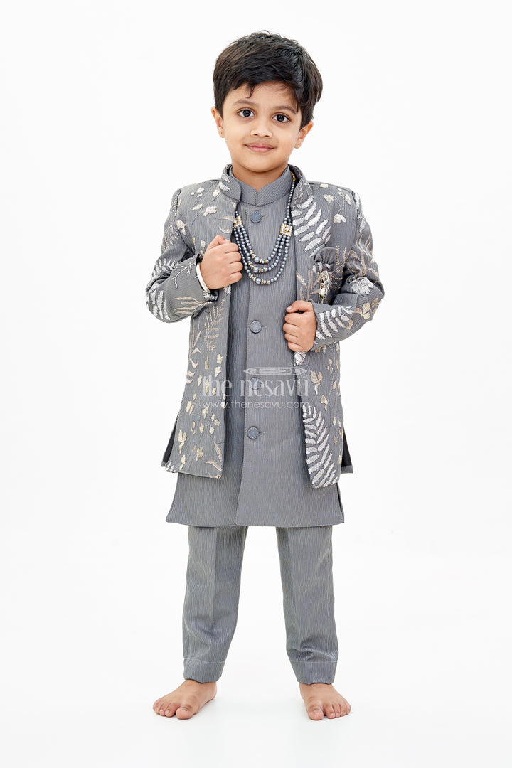 Boys Sherwani with Long Jacket in Silk Blend with Designer Embroidery and Elegant Detailing