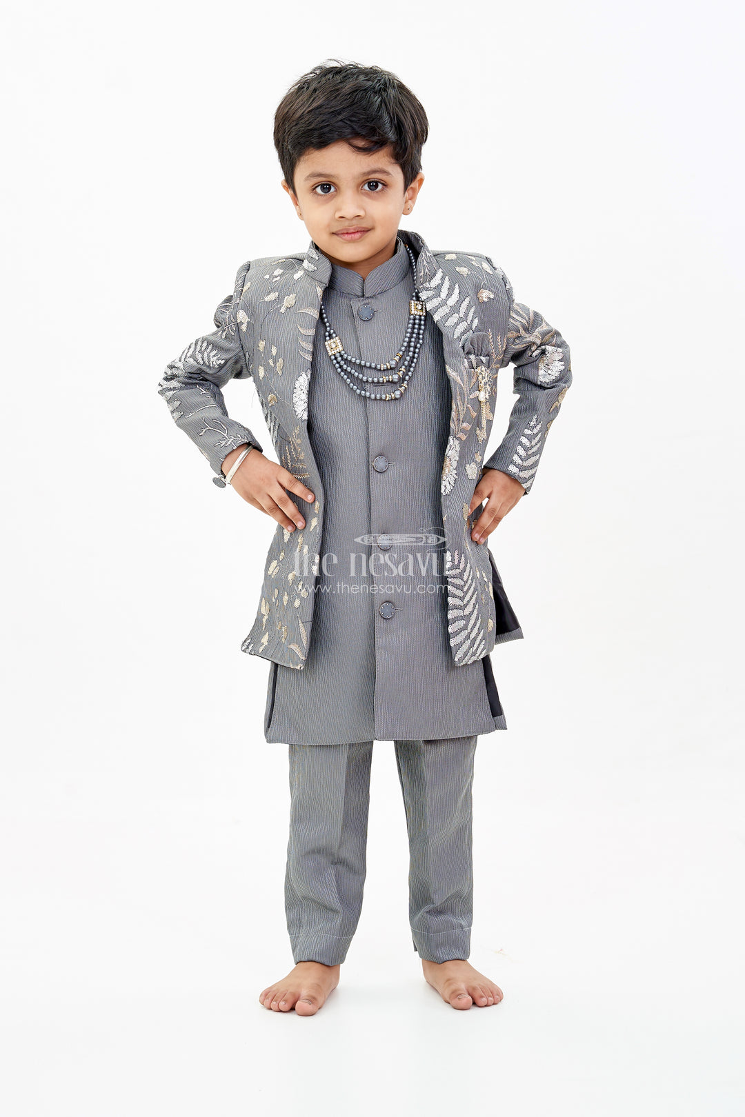 Boys Sherwani with Long Jacket in Silk Blend with Designer Embroidery and Elegant Detailing