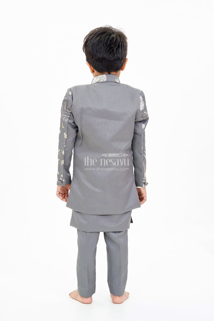 Boys Sherwani with Long Jacket in Silk Blend with Designer Embroidery and Elegant Detailing