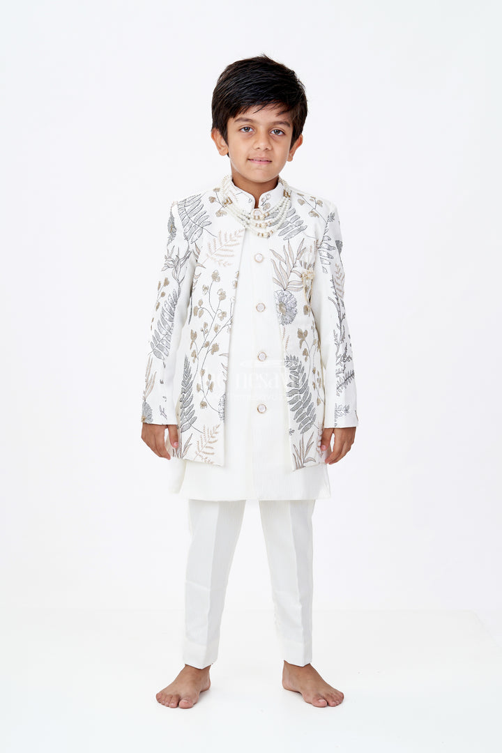 Boys Yellow Kurta with Nehru Jacket in Silk Blend with Intricate Embroidery and Designer Brooch