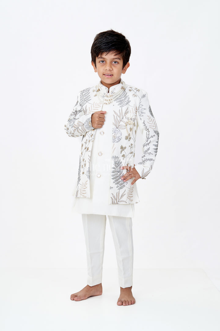 Boys Yellow Kurta with Nehru Jacket in Silk Blend with Intricate Embroidery and Designer Brooch