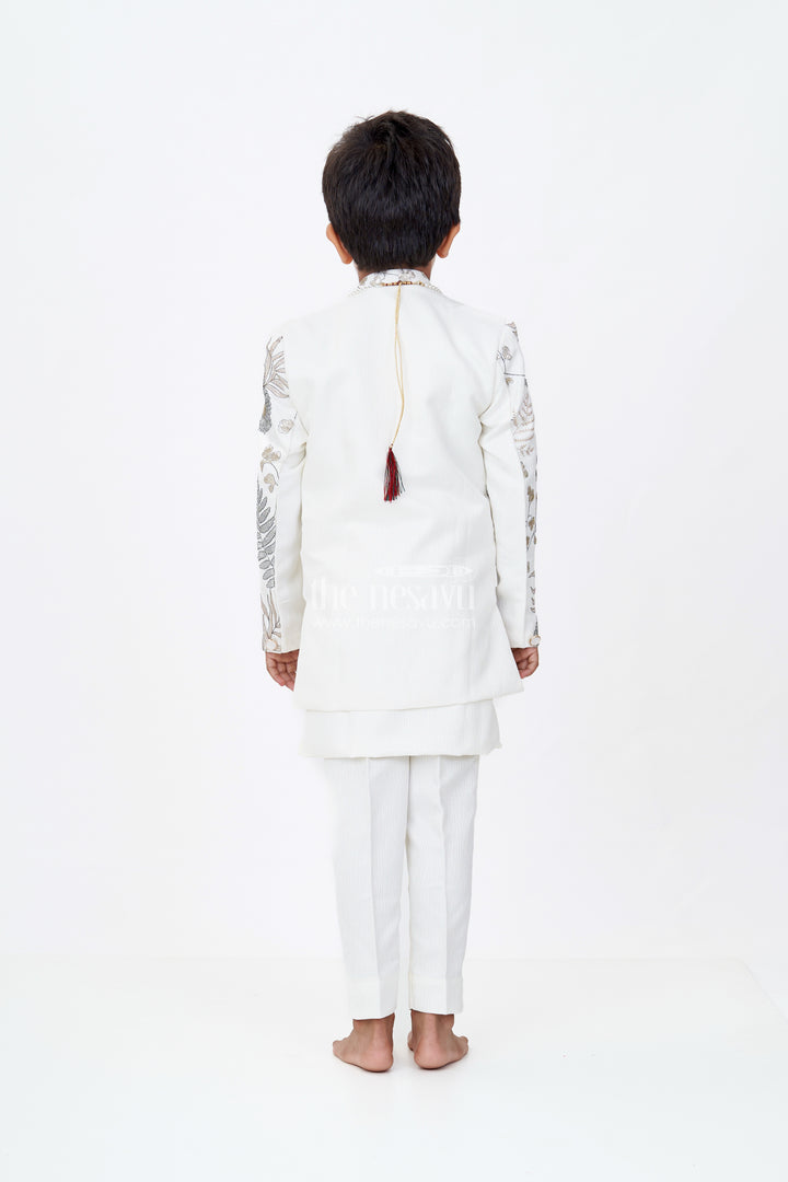 Boys Yellow Kurta with Nehru Jacket in Silk Blend with Intricate Embroidery and Designer Brooch