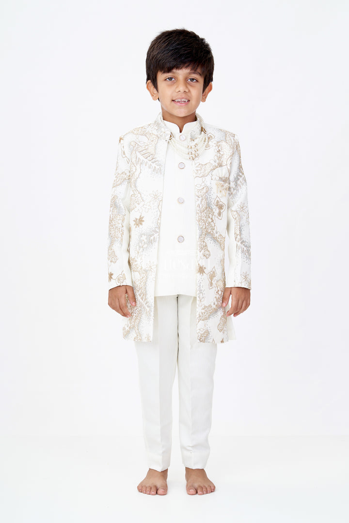 Boys Wedding Kurta with Jacket in Silk Blend with Designer Embroidery and Regal Detailing