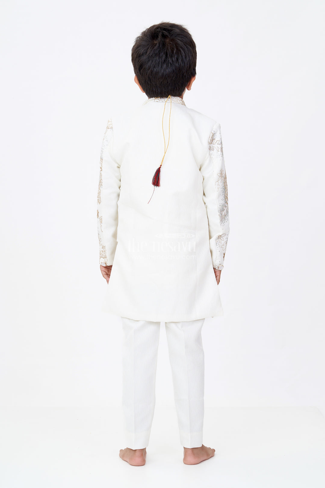 Boys Wedding Kurta with Jacket in Silk Blend with Designer Embroidery and Regal Detailing