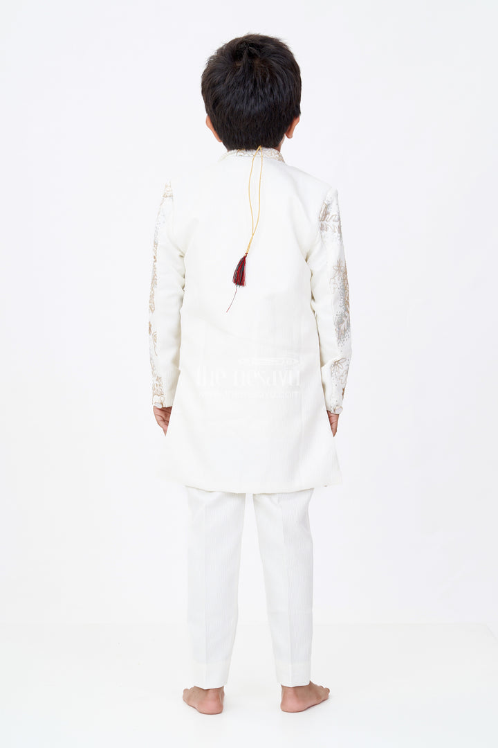 Boys Wedding Kurta with Jacket in Silk Blend with Designer Embroidery and Regal Detailing