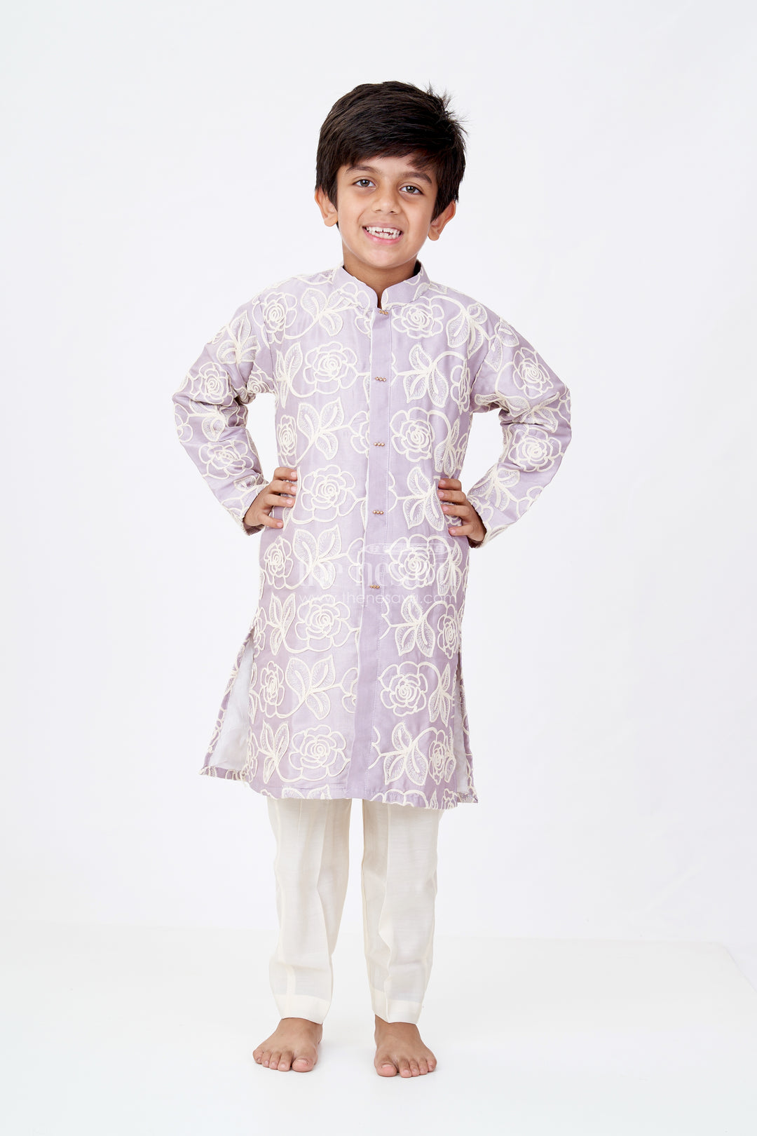 Boys Purple Kurtha in Silk Blend with Designer Embroidery and Elegant Traditional Look