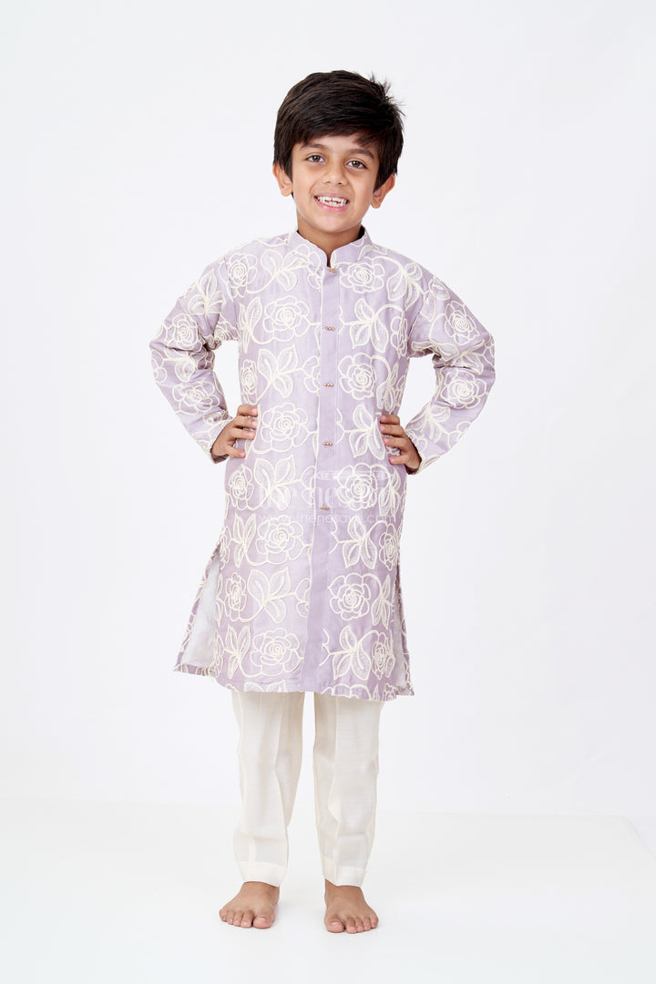 Boys Purple Kurtha in Silk Blend with Designer Embroidery and Elegant Traditional Look