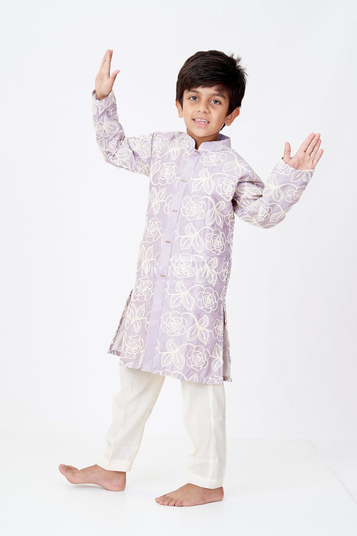 Boys Purple Kurtha in Silk Blend with Designer Embroidery and Elegant Traditional Look