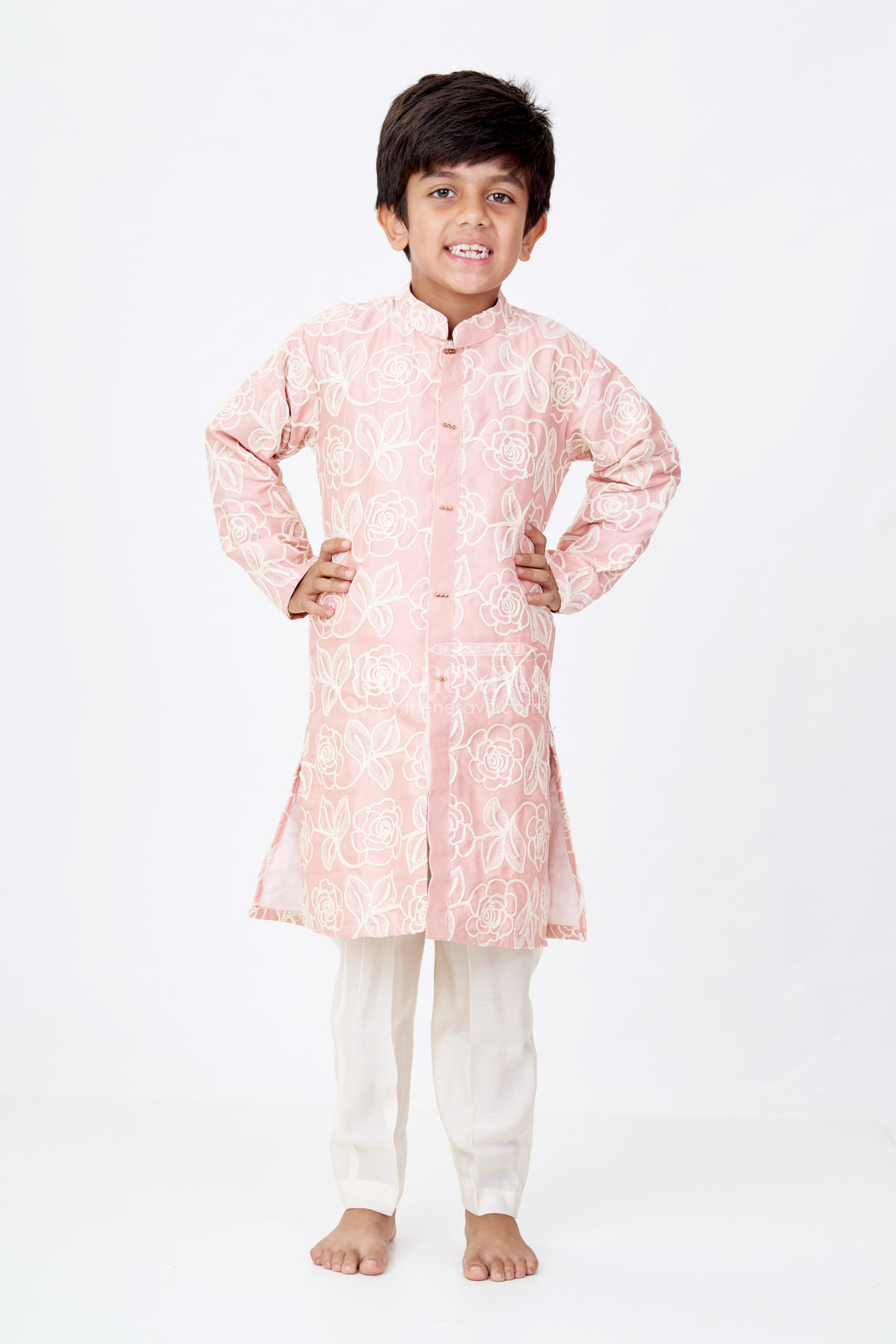 Boys Peach Kurta in Silk Blend with Designer Embroidery and Elegant Floral Detailing