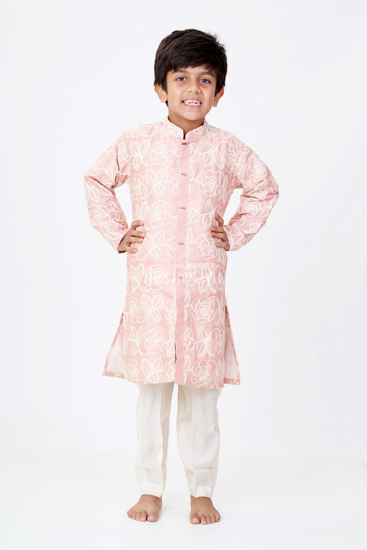Boys Peach Kurta in Silk Blend with Designer Embroidery and Elegant Floral Detailing
