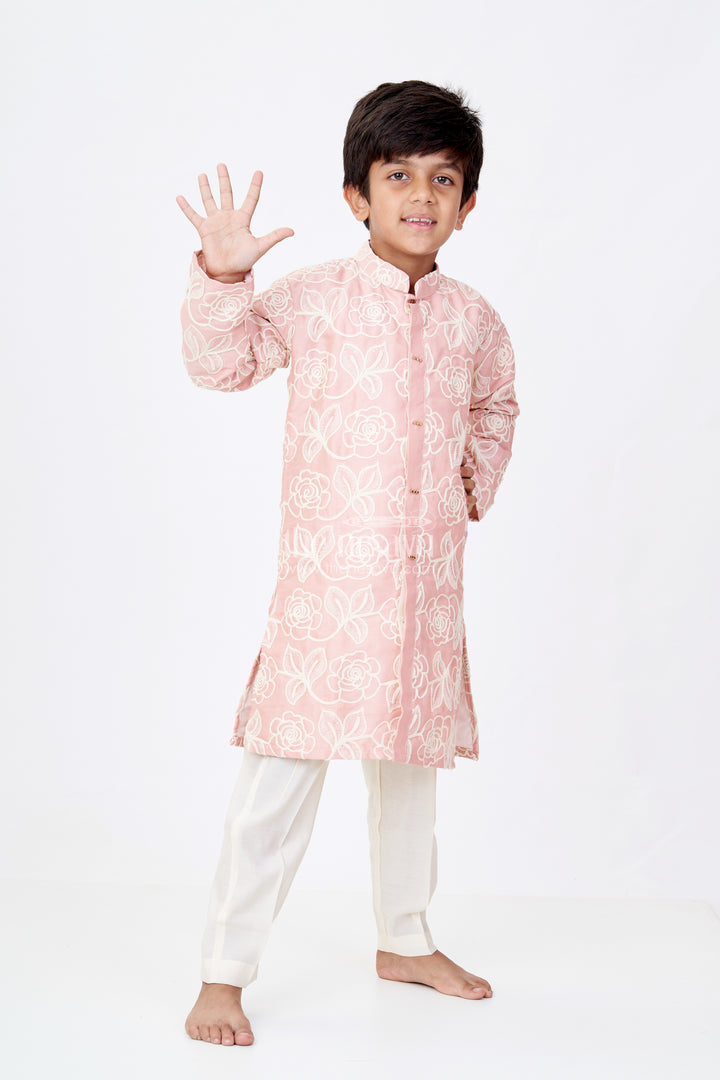 Boys Peach Kurta in Silk Blend with Designer Embroidery and Elegant Floral Detailing