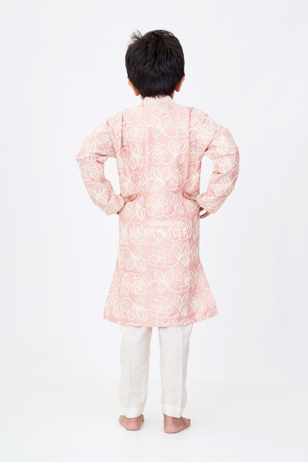 Boys Peach Kurta in Silk Blend with Designer Embroidery and Elegant Floral Detailing