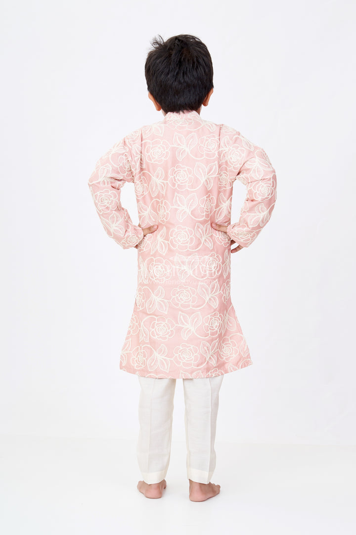 Boys Peach Kurta in Silk Blend with Designer Embroidery and Elegant Floral Detailing