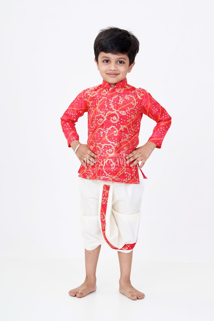 Traditional Silk Dhoti Kurta Set for Boys with Bandhini Print and Classic Embroidery