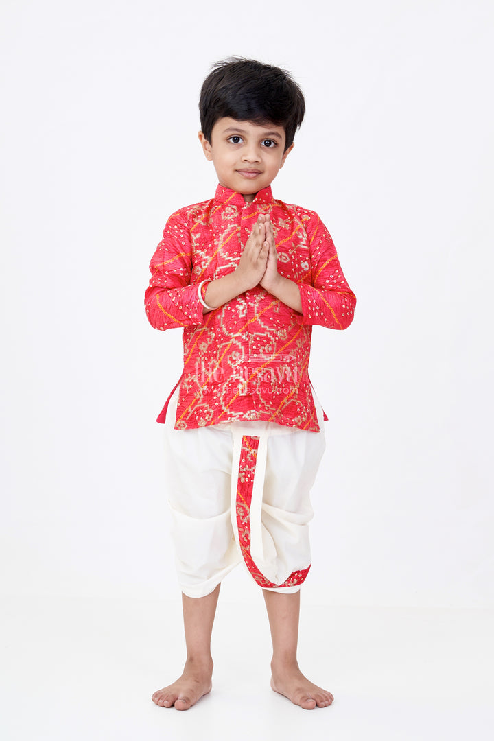 Traditional Silk Dhoti Kurta Set for Boys with Bandhini Print and Classic Embroidery