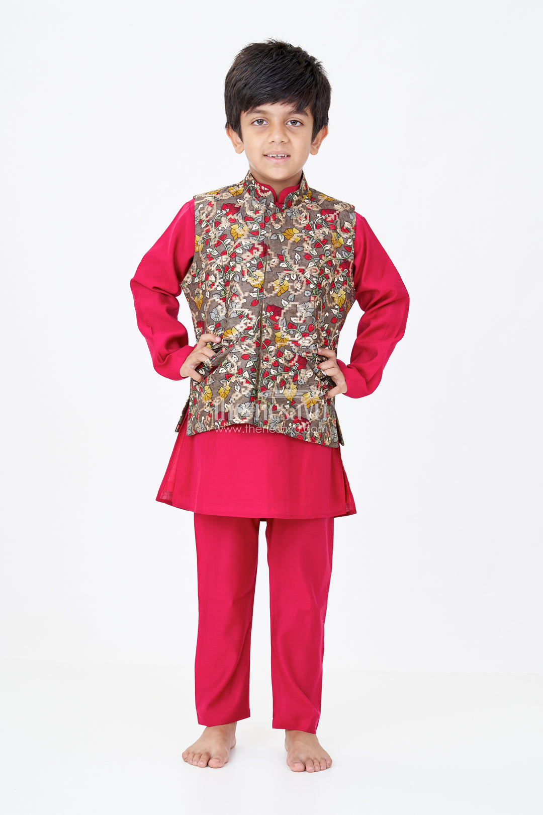 Elegant Red Kurta with Jacket Set for Boys in Jacquard Silk with Floral Embroidery