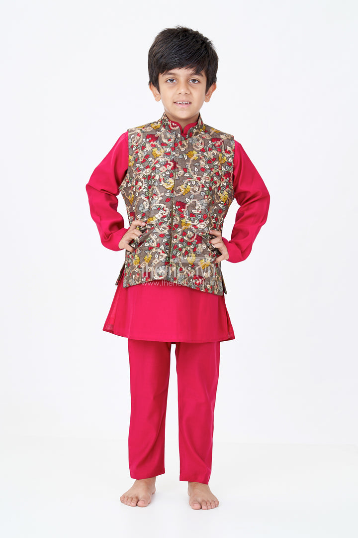 Elegant Red Kurta with Jacket Set for Boys in Jacquard Silk with Floral Embroidery