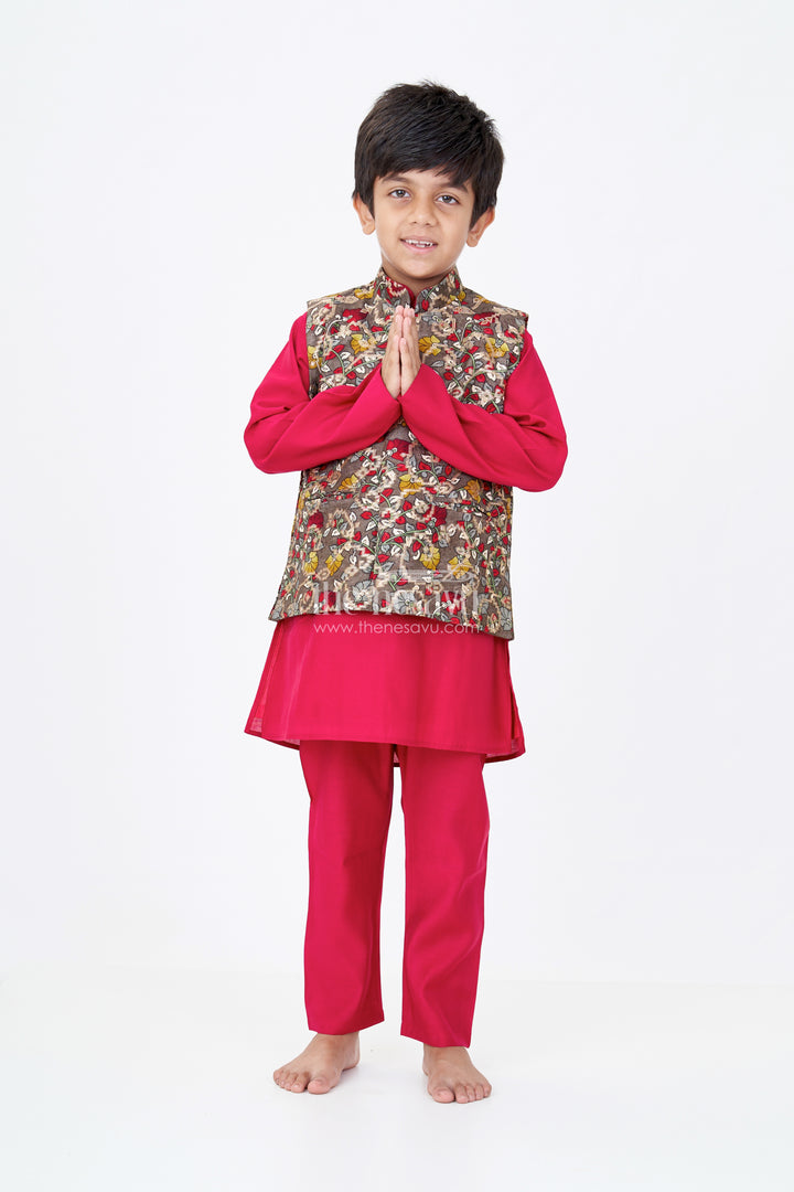 Elegant Red Kurta with Jacket Set for Boys in Jacquard Silk with Floral Embroidery