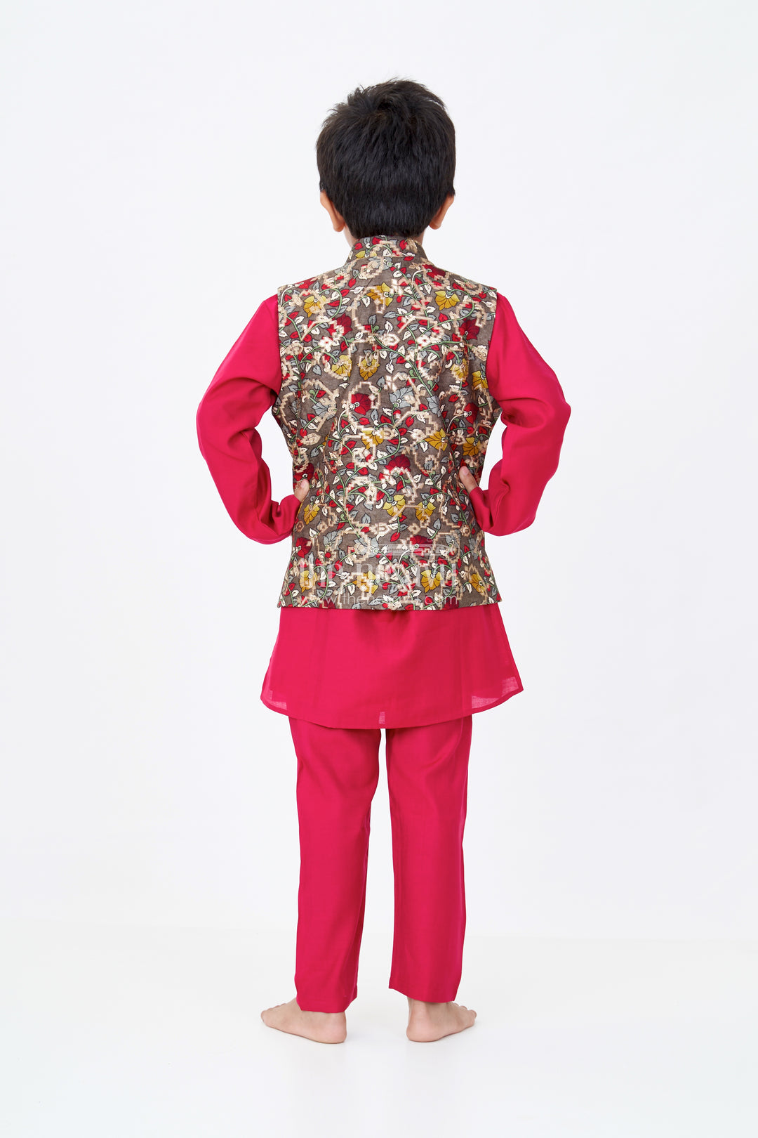 Elegant Red Kurta with Jacket Set for Boys in Jacquard Silk with Floral Embroidery