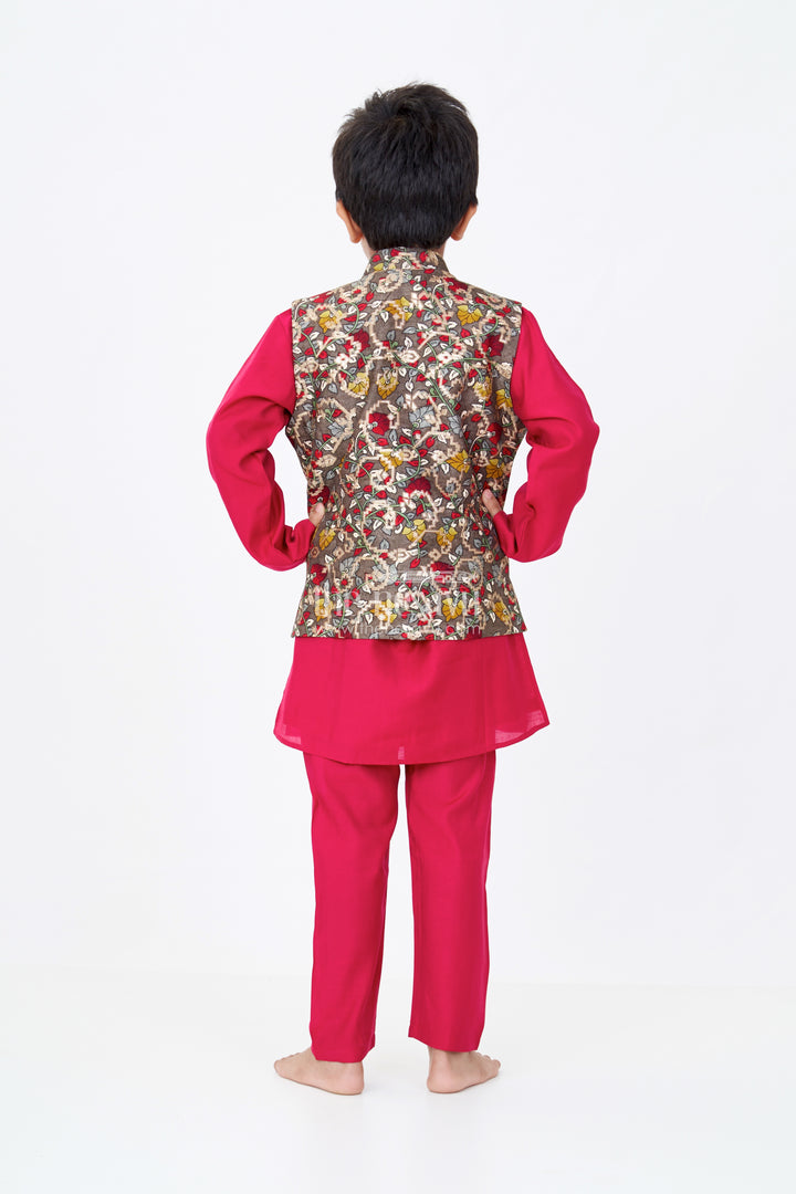 Elegant Red Kurta with Jacket Set for Boys in Jacquard Silk with Floral Embroidery