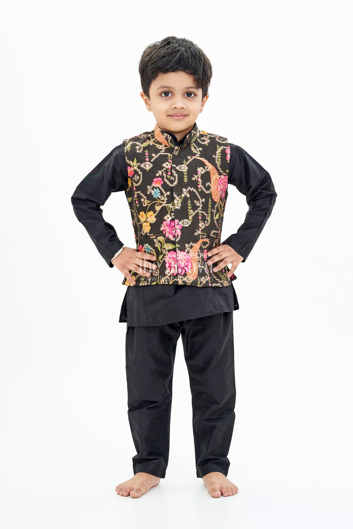 Stylish Black Jacket on Kurta Set for Boys with Floral Embroidered Silk Vest
