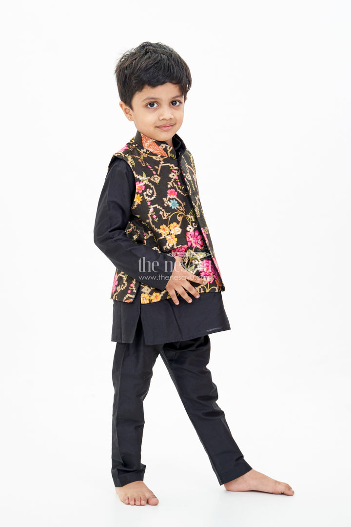 Stylish Black Jacket on Kurta Set for Boys with Floral Embroidered Silk Vest