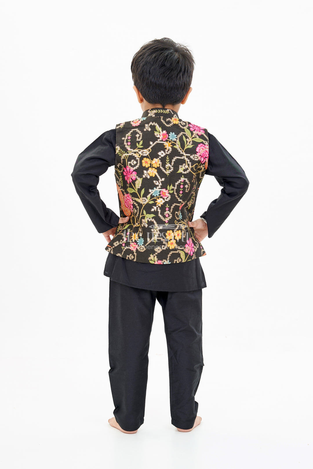 Stylish Black Jacket on Kurta Set for Boys with Floral Embroidered Silk Vest