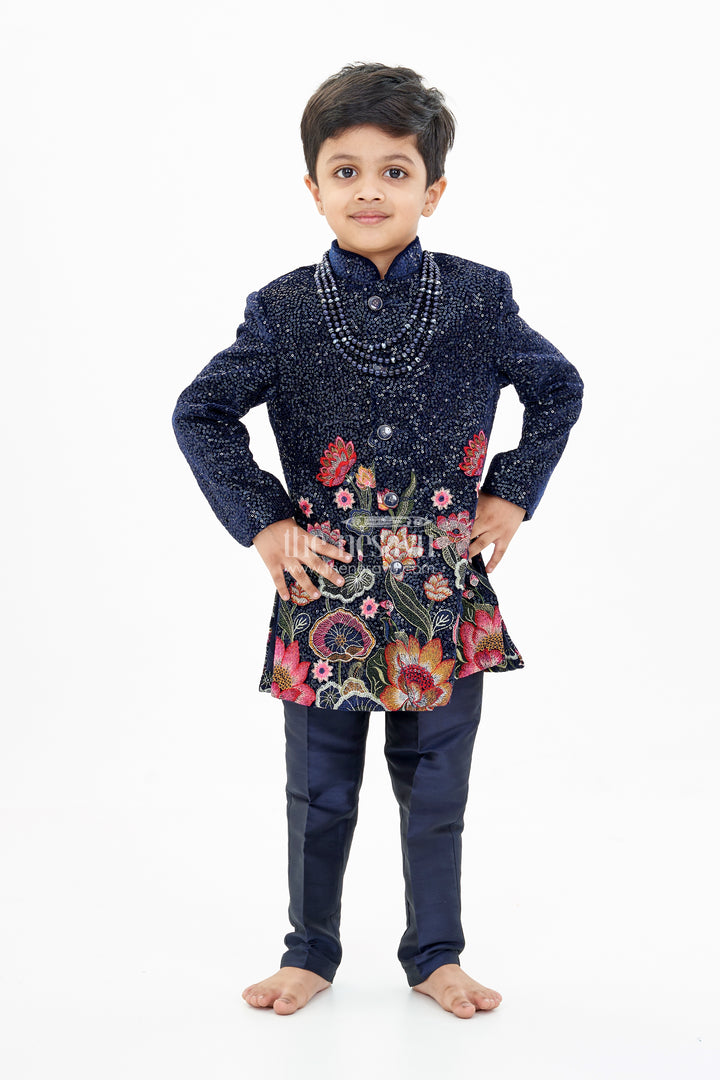 Luxurious Boys Sherwani Set with Velvet Designer Embroidery and Classic Black Pants