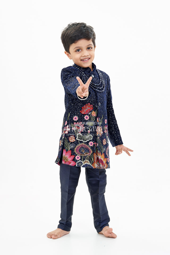 Luxurious Boys Sherwani Set with Velvet Designer Embroidery and Classic Black Pants
