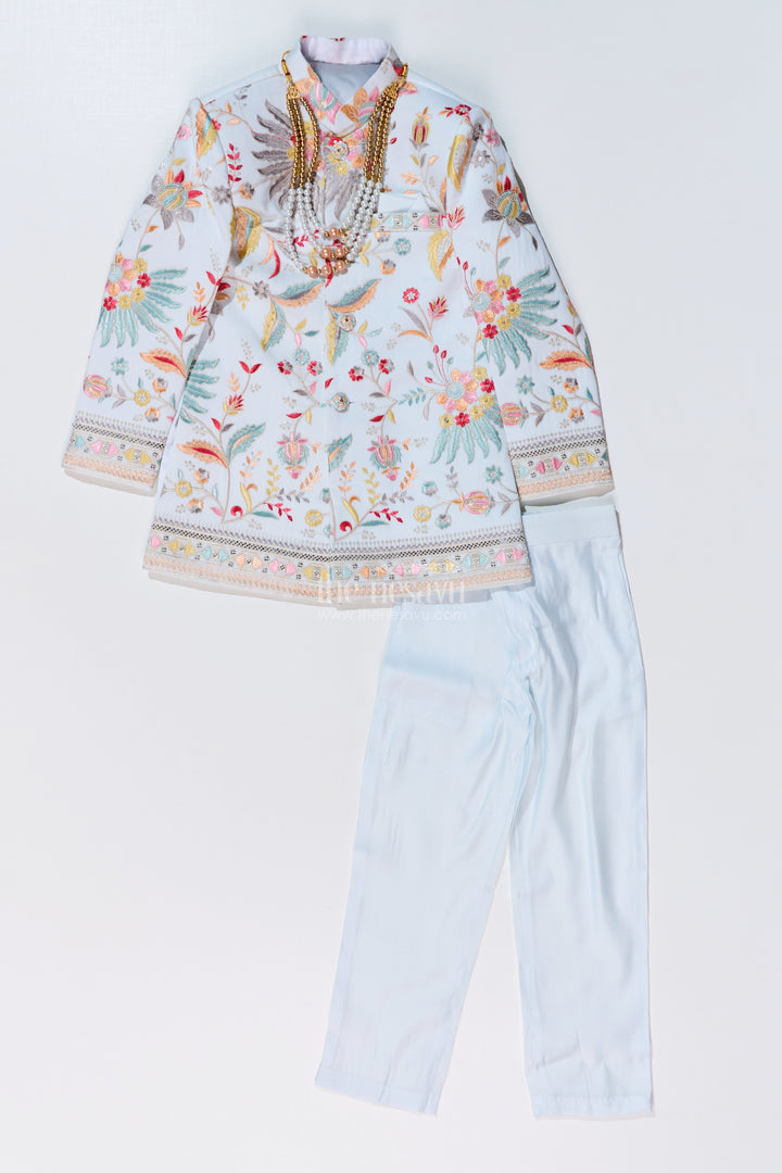 Boys Designer Kurtha with Embroidered Floral Patterns and Matching Pants for Special Occasions