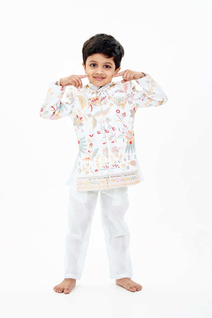 Boys Designer Kurtha with Embroidered Floral Patterns and Matching Pants for Special Occasions