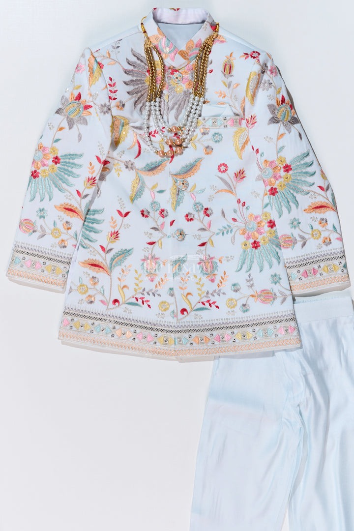 Boys Designer Kurtha with Embroidered Floral Patterns and Matching Pants for Special Occasions