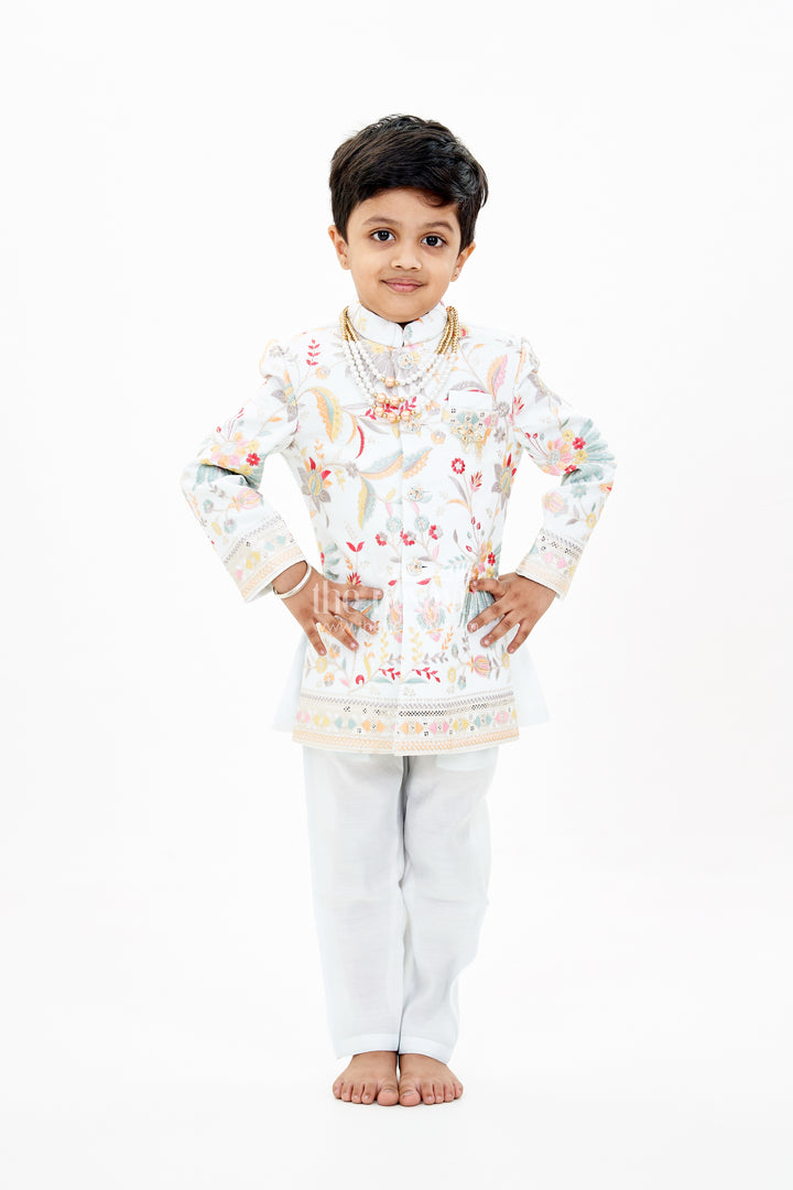 Boys Designer Kurtha with Embroidered Floral Patterns and Matching Pants for Special Occasions